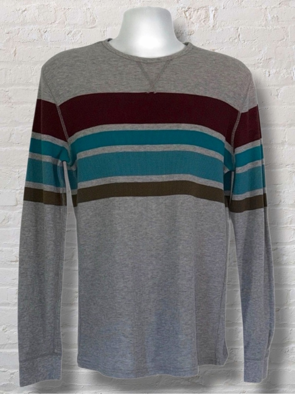 Mossimo Supply Co Men’s Long Sleeve Thermal Shirt Size L Gray Stripe Crew Neck